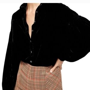 We The Free La Luna Black Crushed Velvet Button Down Oversized Shirt Size M